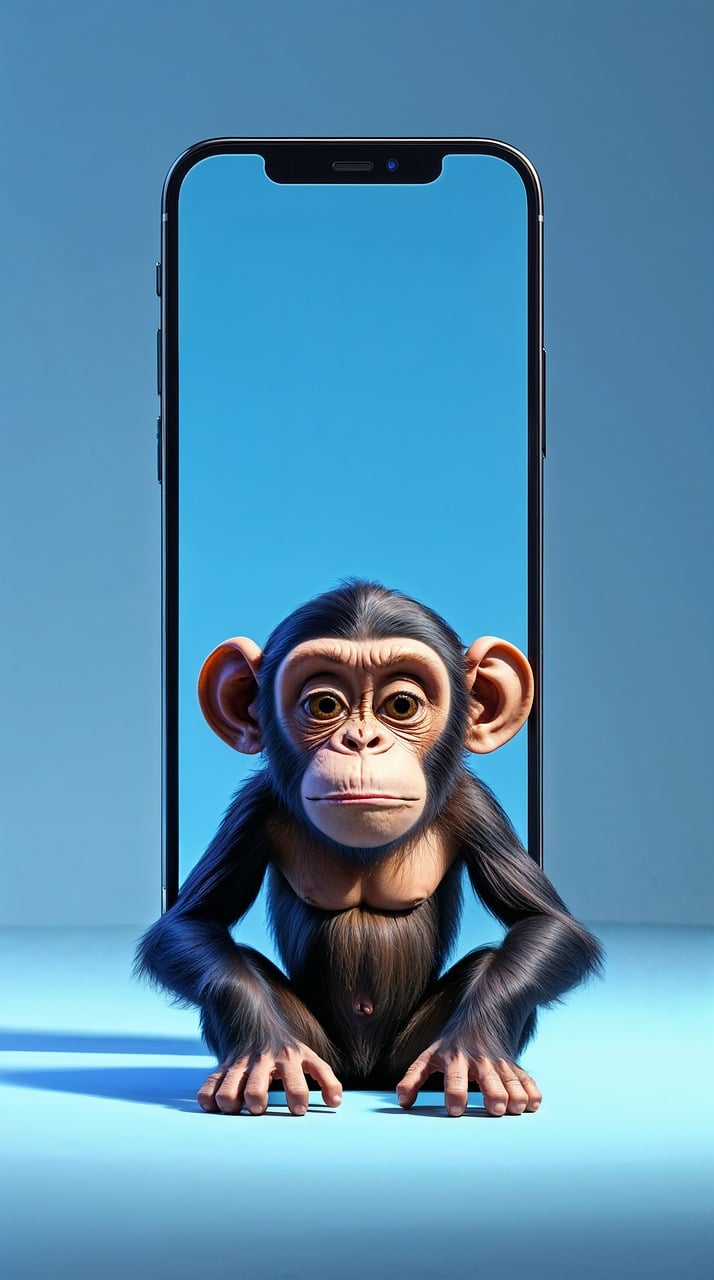 monkey, chimpanzee, smartphone, blue, digital art, cute, ape, screen, mobile device, technology, cartoon, portrait, animal, black fur, nature, brown eyes, ears, background, studio shot, display, ai generated