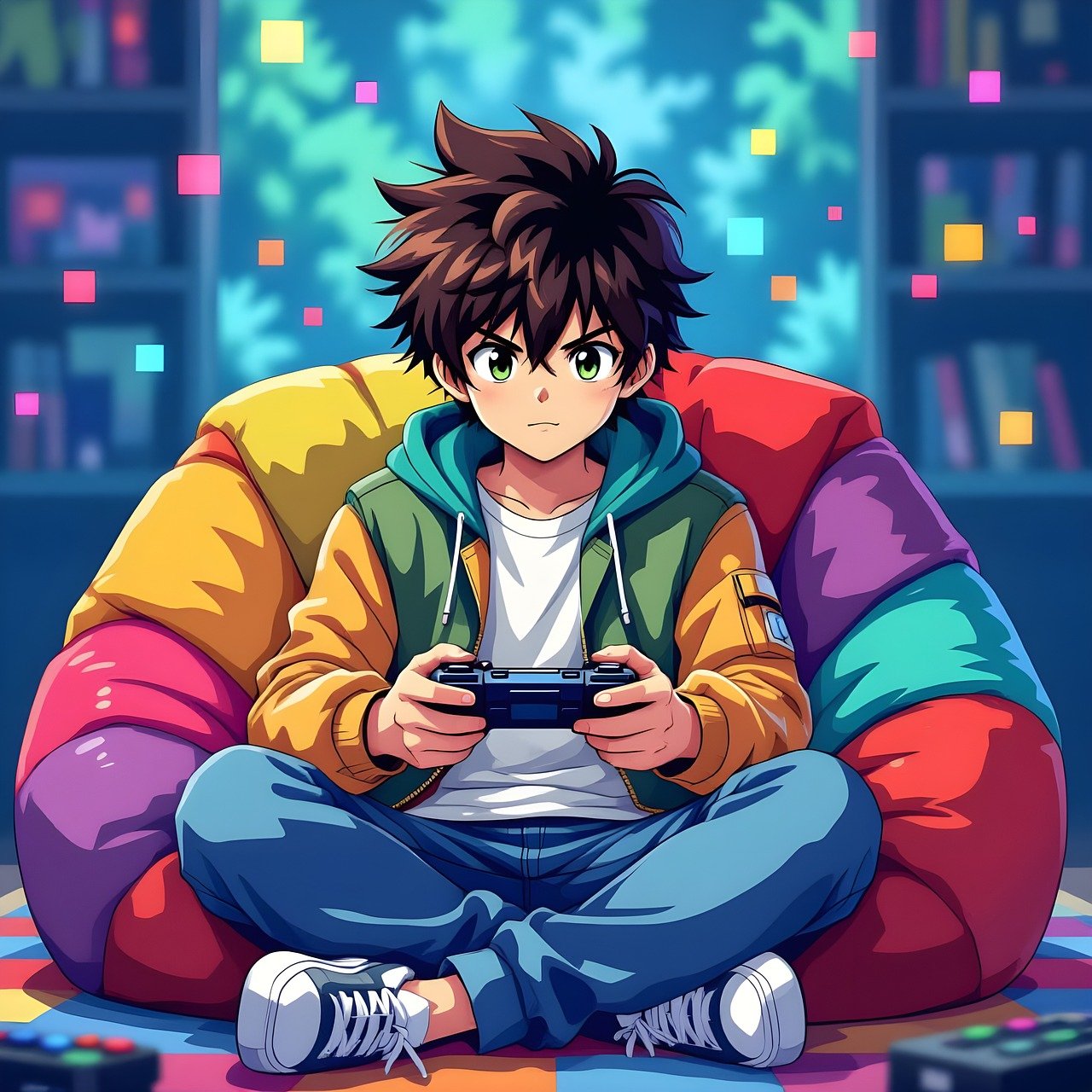gamer, gaming, controller, technology, digital, play, indoors, entertainment, bean bag, boy, kid, young, intense, concentration, pixels, house, living room, ai generated, anime, character