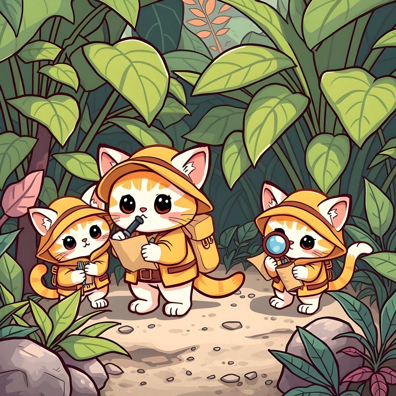 ai generated, kittens, cat, pet, animal, nature, feline, mammal, cute, adorable, kitty, domestic, outdoors, curious, exploration, explorers, jungle, lost, map, cartoon, copy space, greeting card